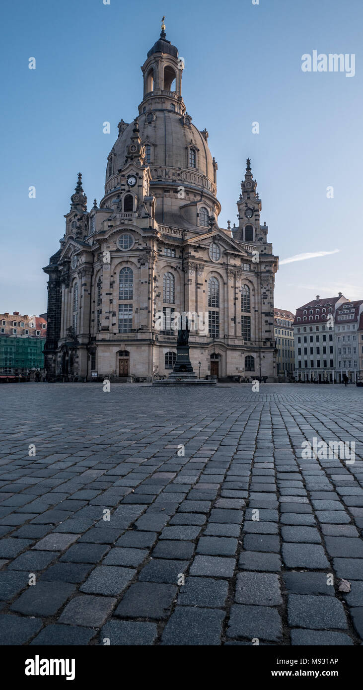 Our Lady's church / Church of Our Lady (Frauenkirche) in and Luther statue in the early morning, Dresden, Saxony, Germany Stock Photo