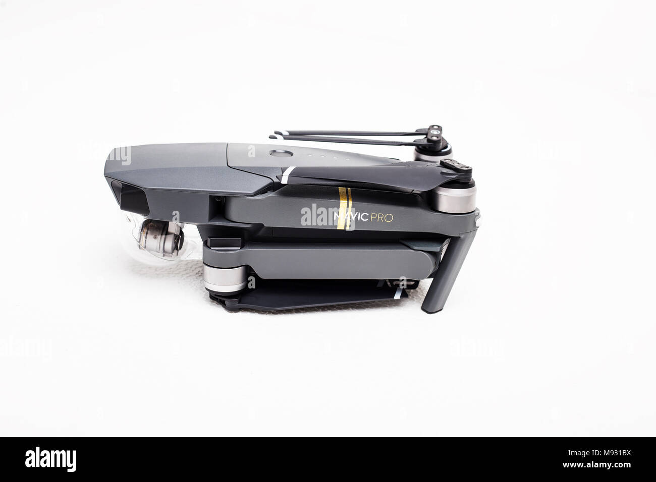 DJI Mavic Pro drone: ISRAEL, OCTOBER 2, 2017. Closeup, on white background. One of the most portable drones in the market, with 4k ultra hd. Stock Photo