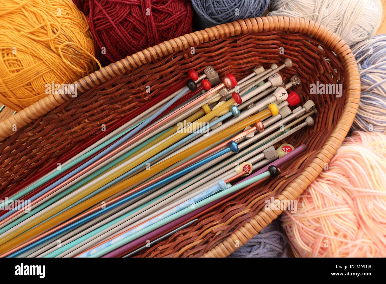 Knitting Needles in a Basket Stock Photo