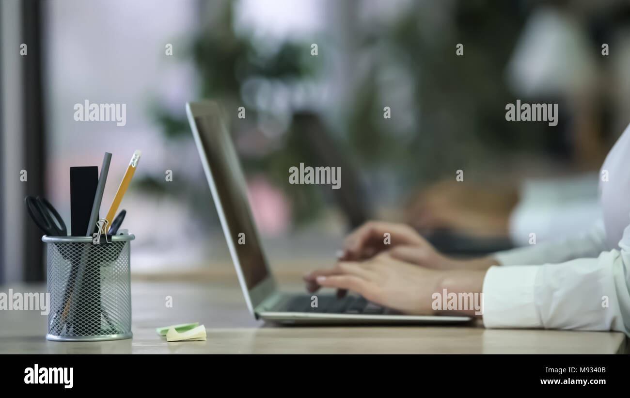 Self-confident successful young lady working on project, using laptop at office Stock Photo