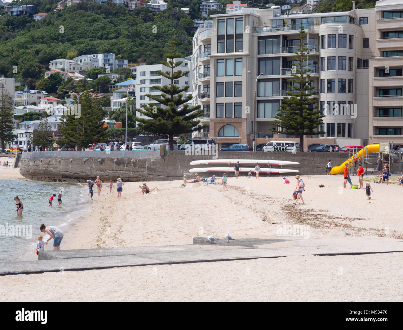People On Oriental Bay Beach In Wellington Stock Photo