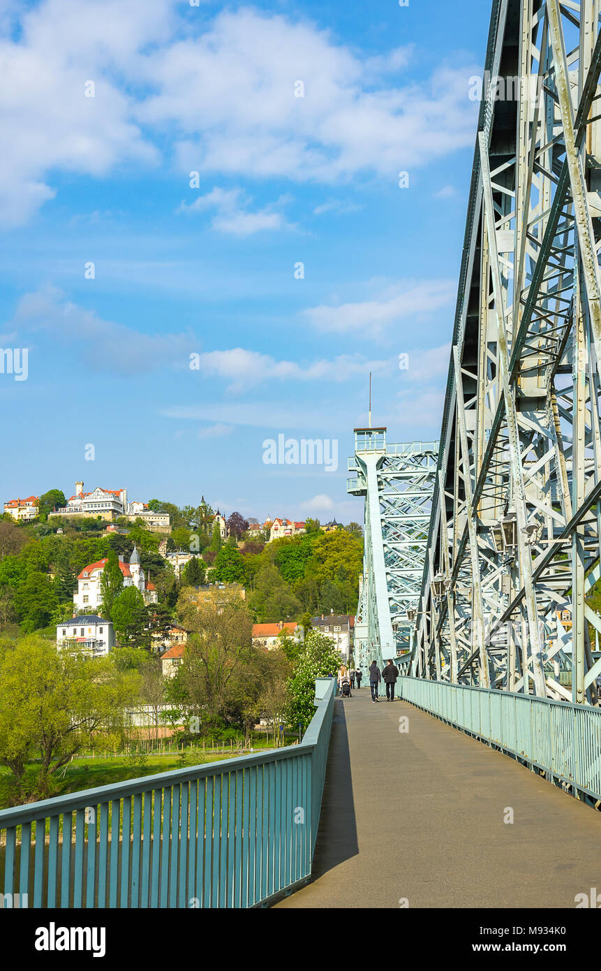 On the Blue Wonder Bridge with view of the district Loschwitz, Dresden, Saxony, Germany. Stock Photo