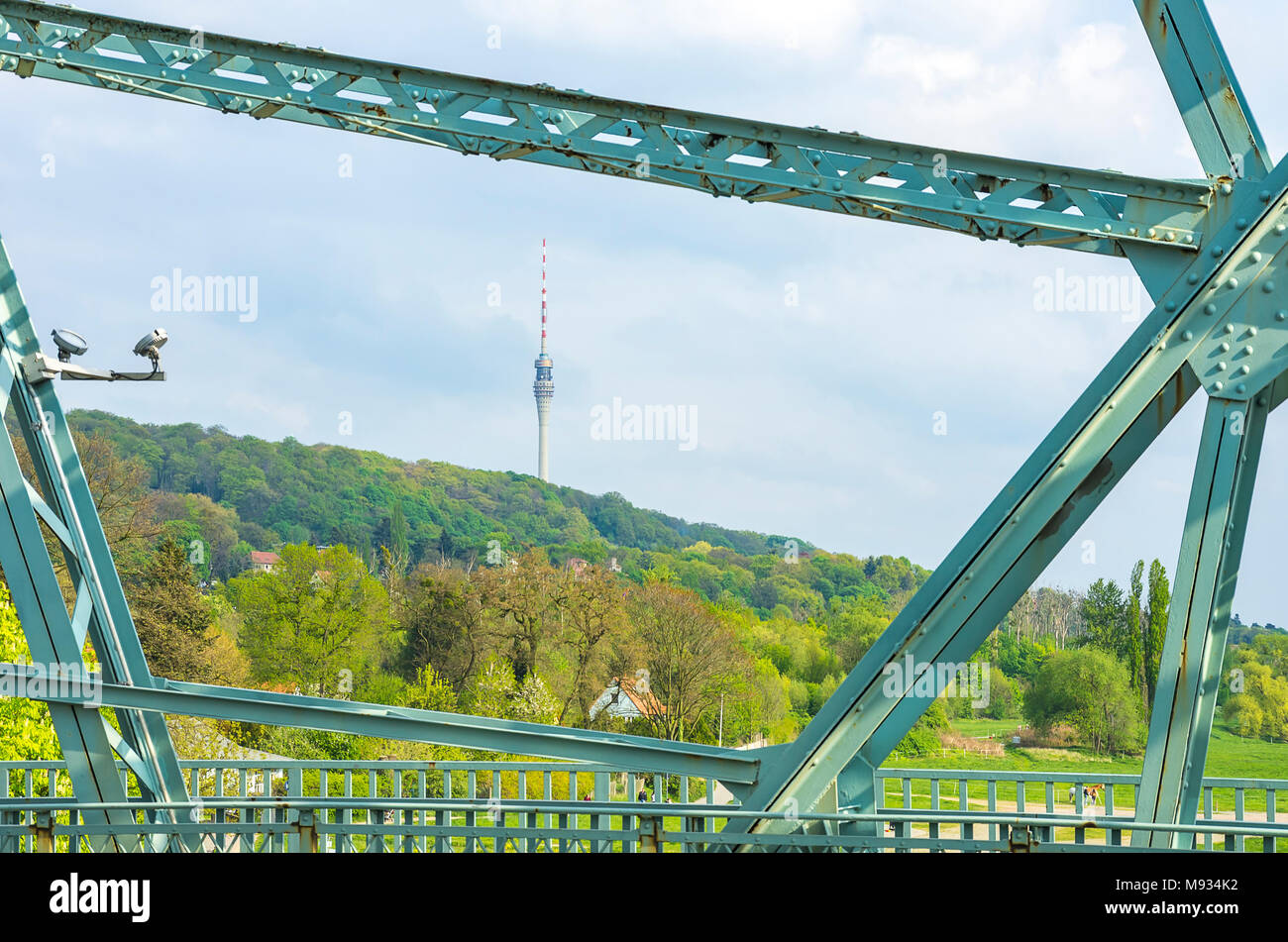 Dresden, Saxony, Germany - The television tower viewed between braces of the Blue Wonder Bridge. Stock Photo