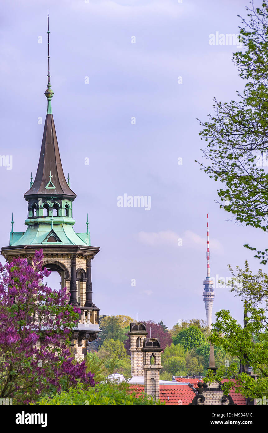 Dresden, Saxony, Germany - View of the steeple of Villa San Remo in the mansion quarter of Loschwitz with the TV tower in the background. Stock Photo
