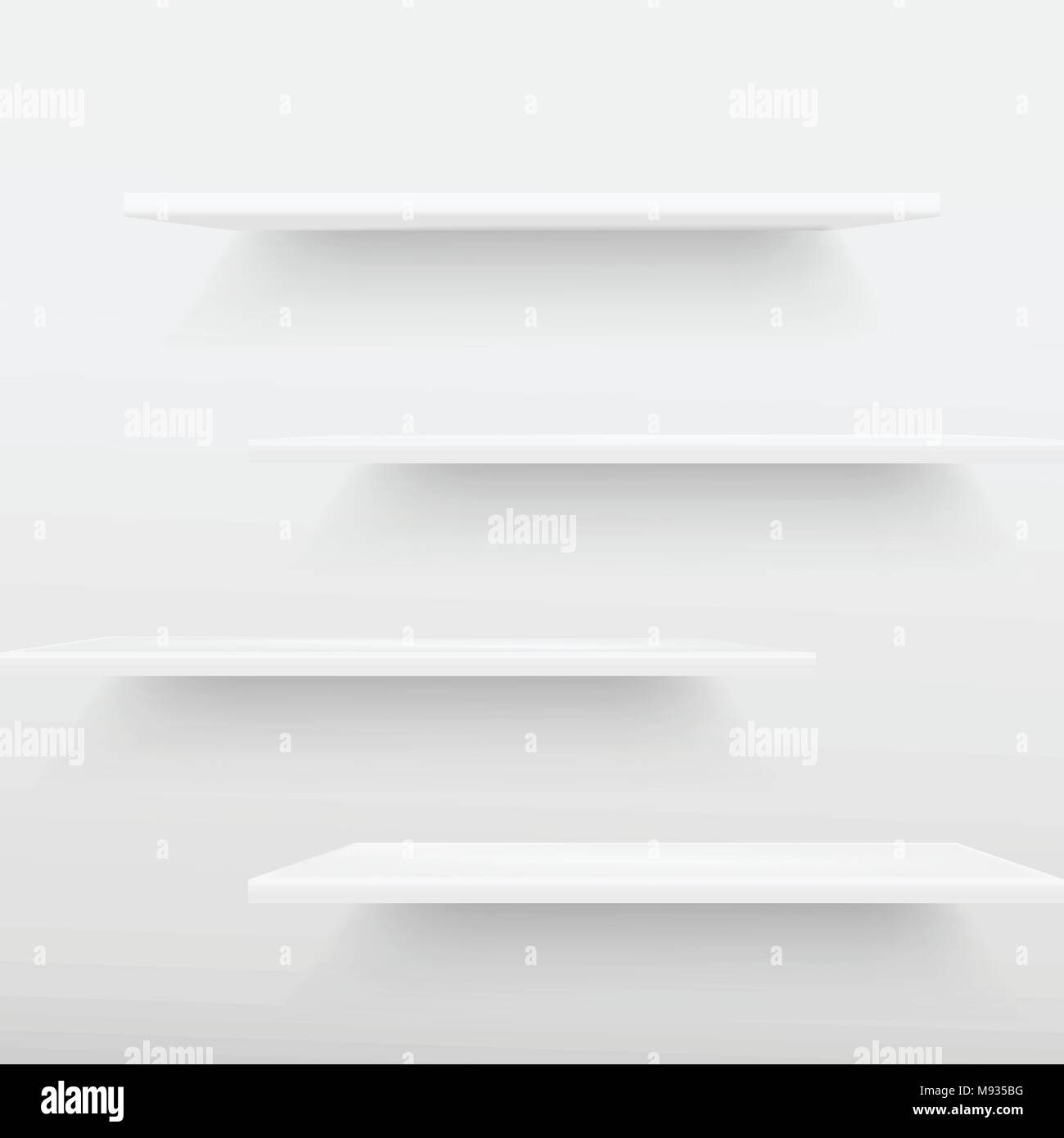 Shelves with beams of light from top in empty white room. 3D rendering ...