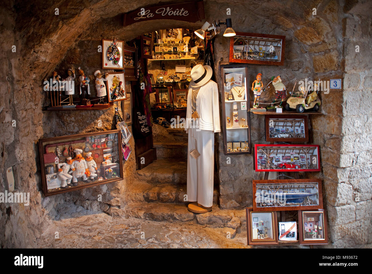 Souvenir shop at a narrow alley of medieval Èze Village, Provence, Var, Cote Azur, South France, France, Europe Stock Photo