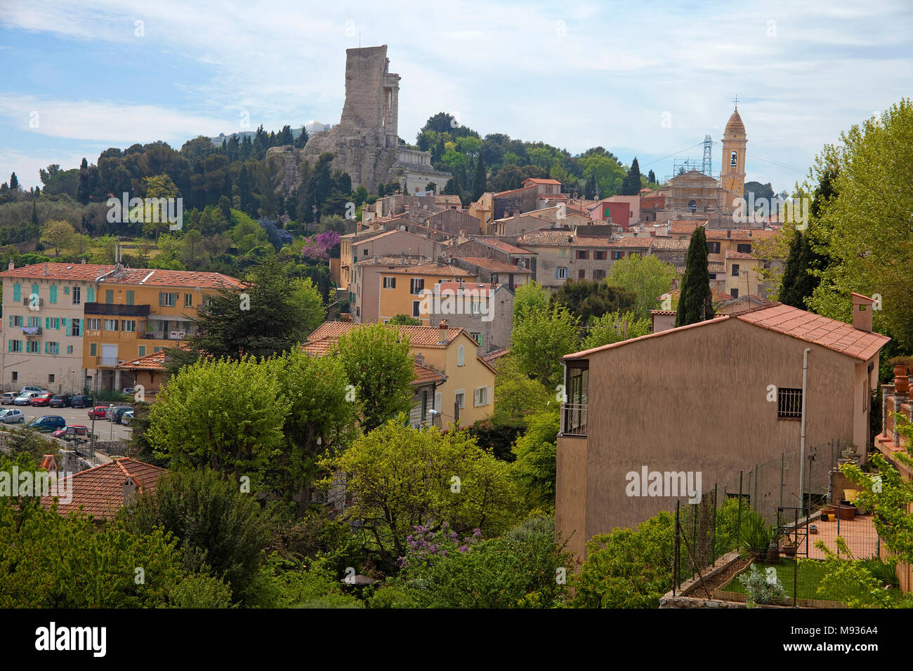 The village La Turbie with landmark 'Trophée des Alpes' a roman monument, South France, Var, Cote Azur, France, Europe Stock Photo