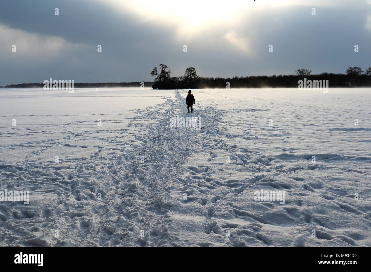 A small figure silhouetted on a snowy path across fields Stock Photo
