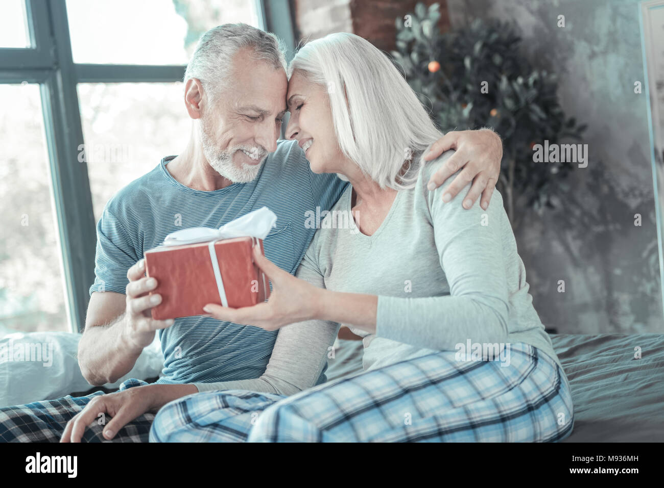 Cute senior couple sitting and hugging. Stock Photo