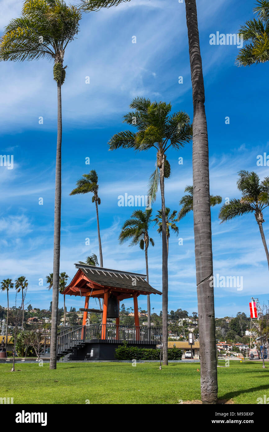 SAN DIEGO, CALIFORNIA, USA - Yokohama Friendship Bell located on Shelter Island in the city, signifying relationship between the sister cities. Stock Photo