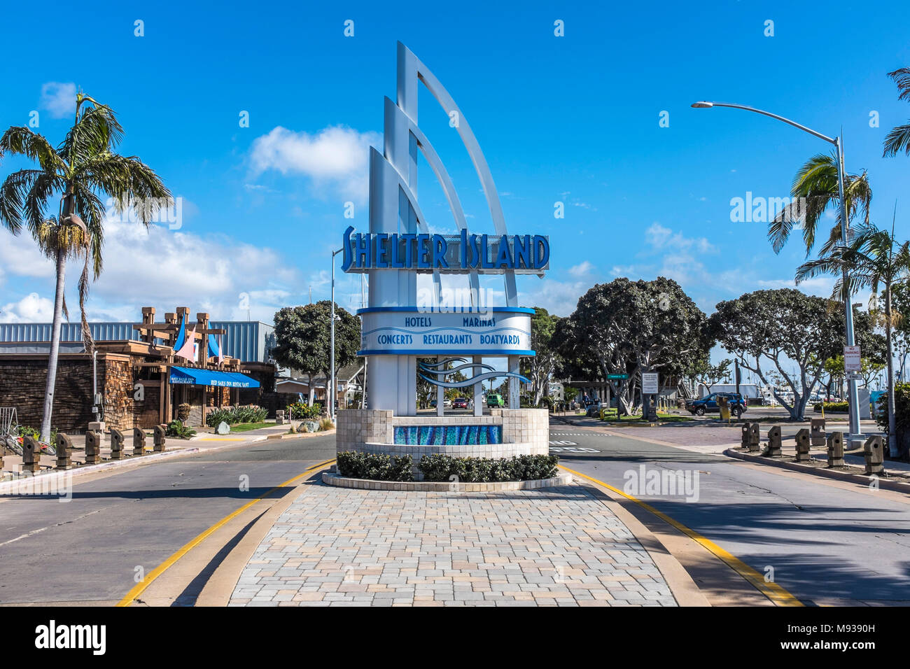 SAN DIEGO, CALIFORNIA, USA - Entrance sign to Shelter Island on the waterfront in the neighbourhood of Point Loma in the popular bay tourist area. Stock Photo