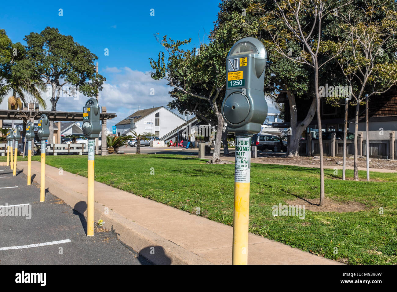 SAN DIEGO, CALIFORNIA, USA - Car park pay meters located on Shelter Island. Stock Photo