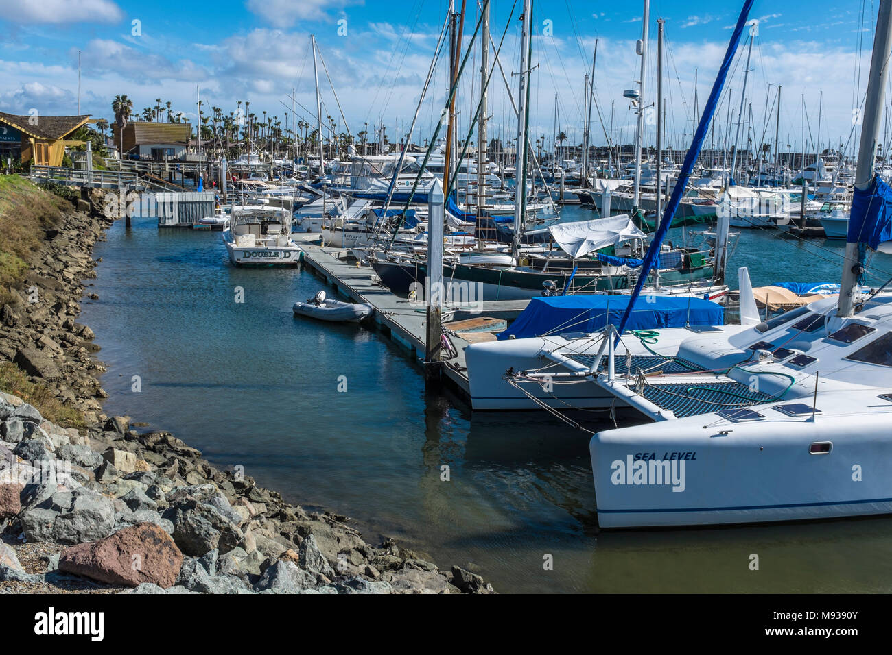 SAN DIEGO, CALIFORNIA, USA - Yachts moored at Yachts Basin on Shelter Island in the city of San Diego. Stock Photo