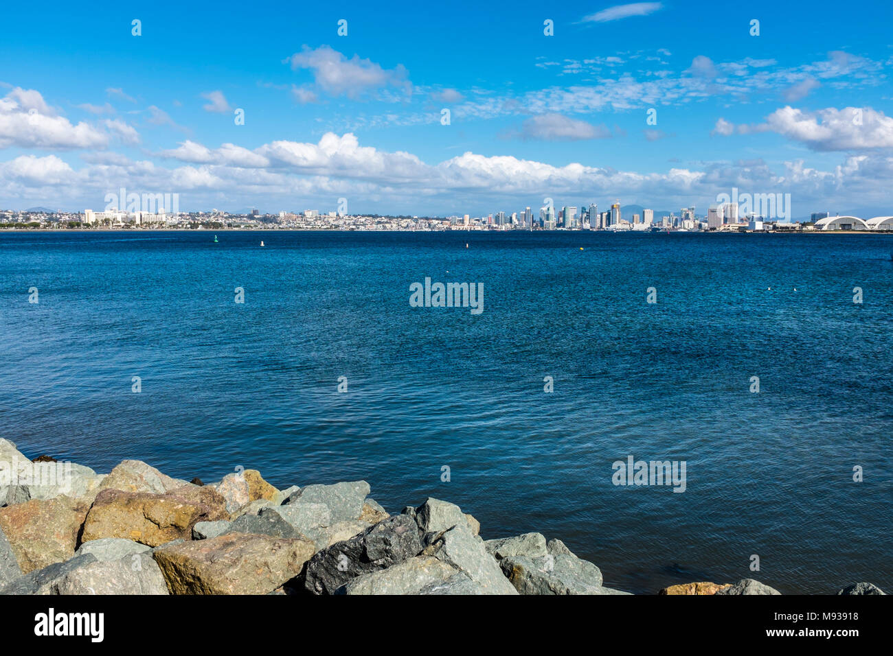SAN DIEGO, CALIFORNIA, USA - Skyline of Downtown central San Diego from across the bay at Shelter Island. Stock Photo