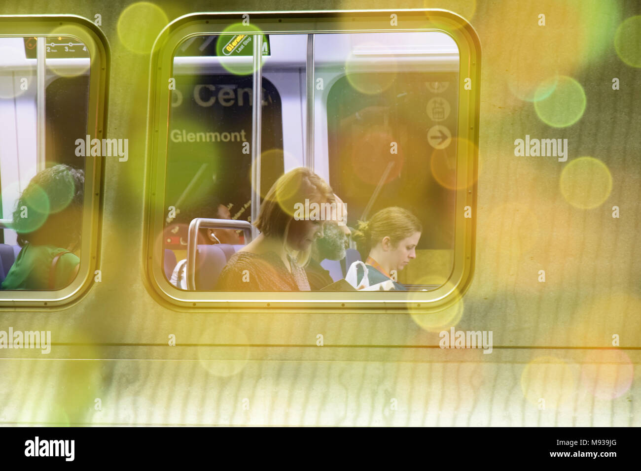 Women reading book on crowed metro train Stock Photo