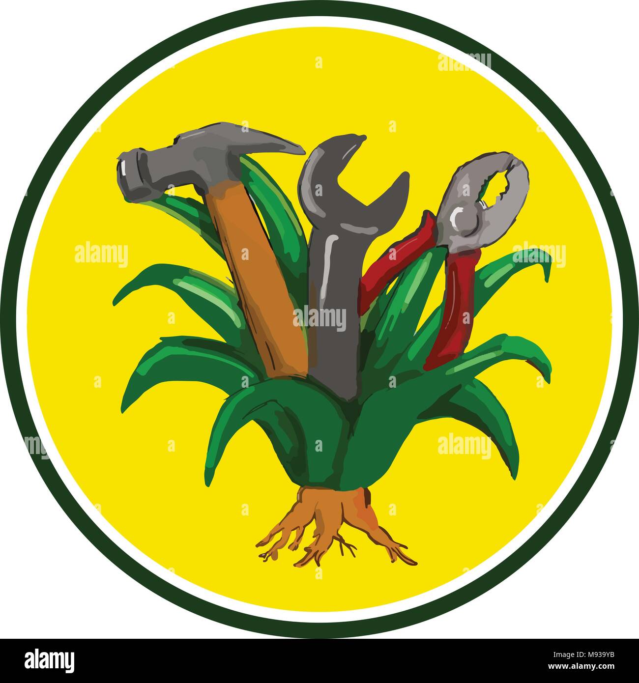 Water color sketch style illustration of an agave plant, a monocot native to Mexico and Southwestern United States, with hammer, spanner and pliers to Stock Vector