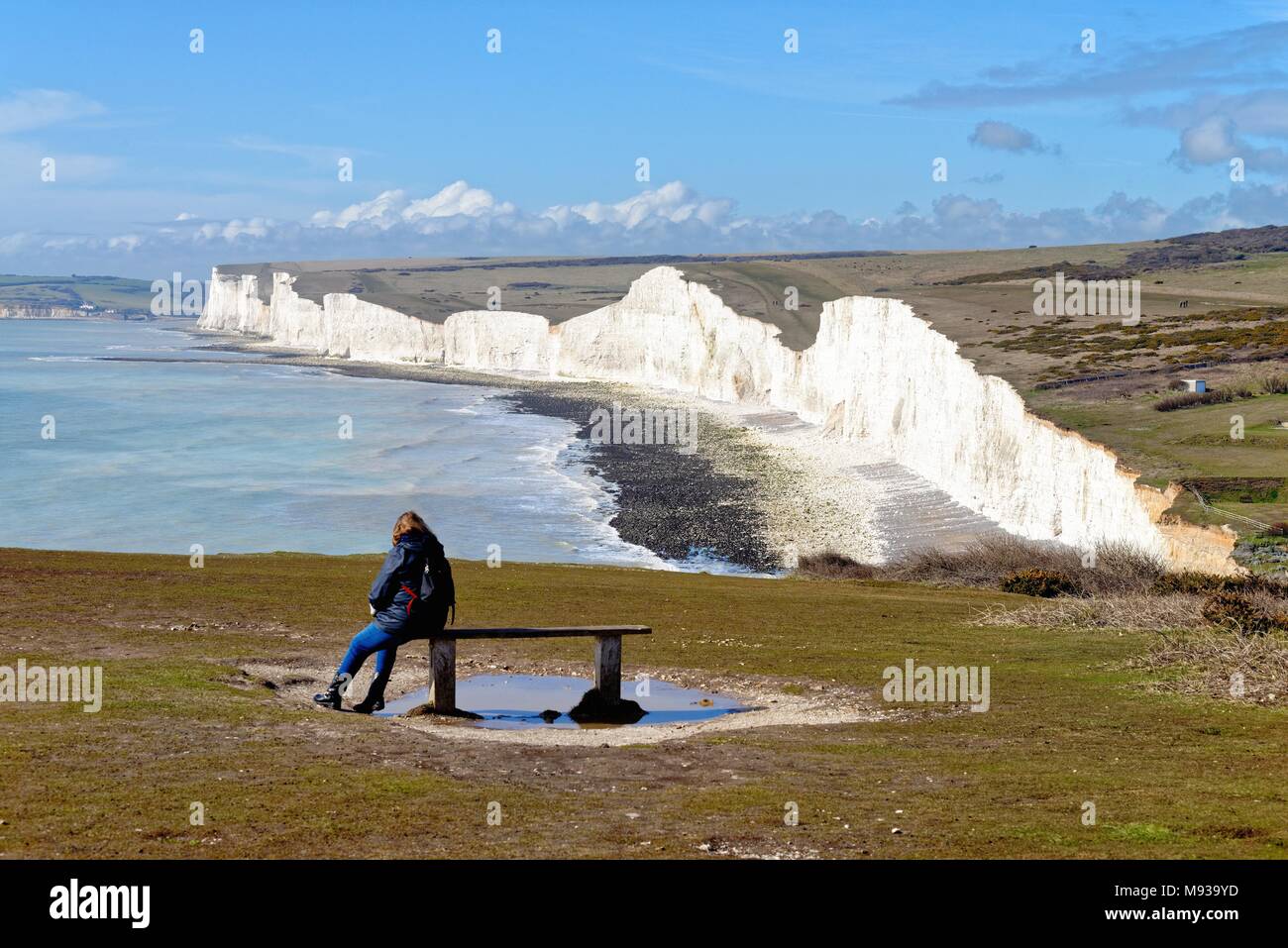 Woman sitting on clifftop bench looking at view of the Seven Sisters ...