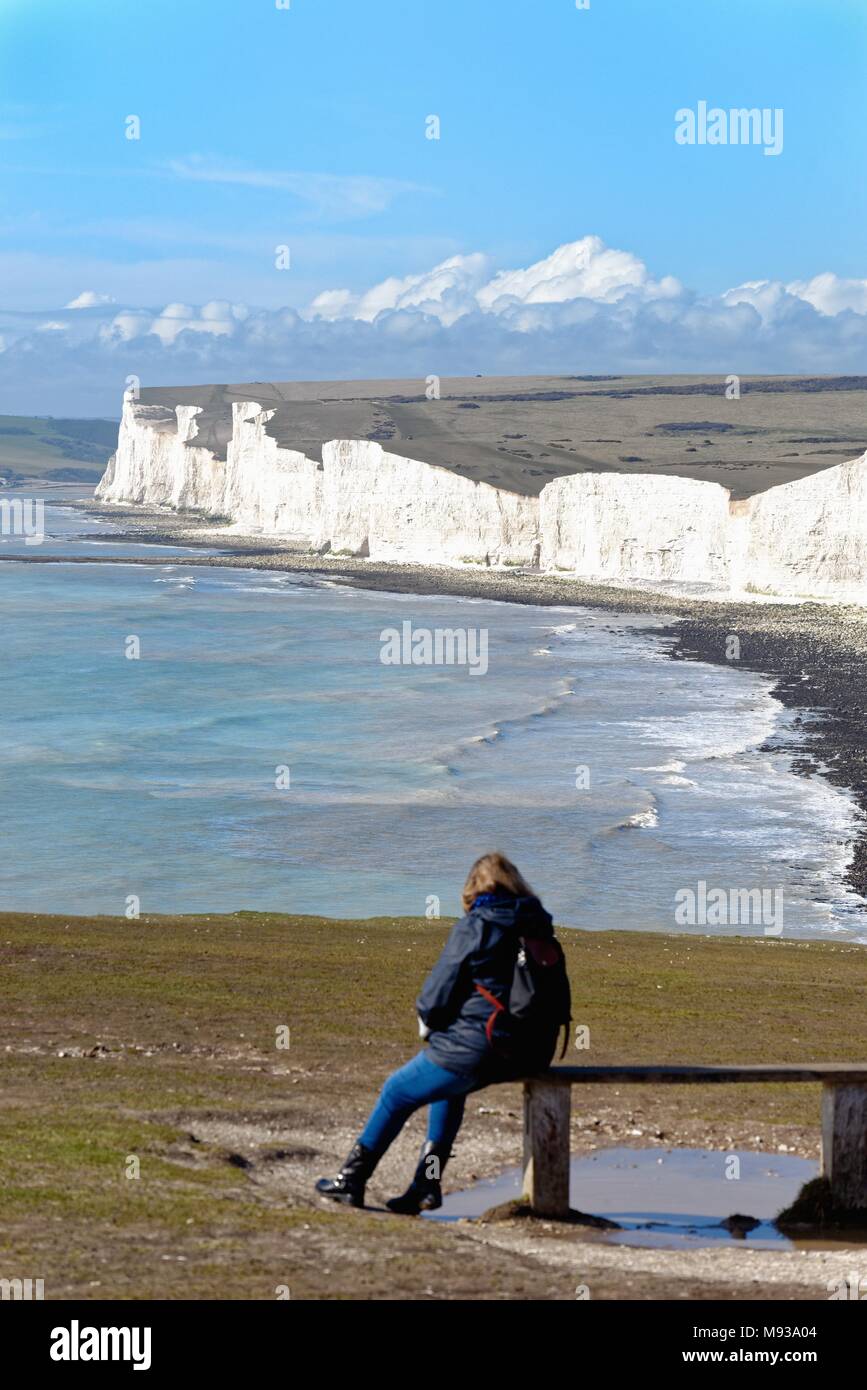Woman sitting on clifftop bench looking at view of the Seven Sisters ...