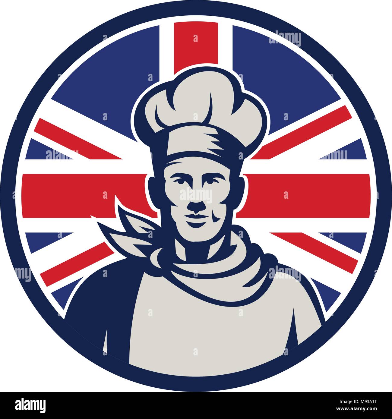 Icon retro style illustration of a male British baker, chef or cook from waist up viewed from front with United Kingdom UK, Great Britain Union Jack f Stock Vector