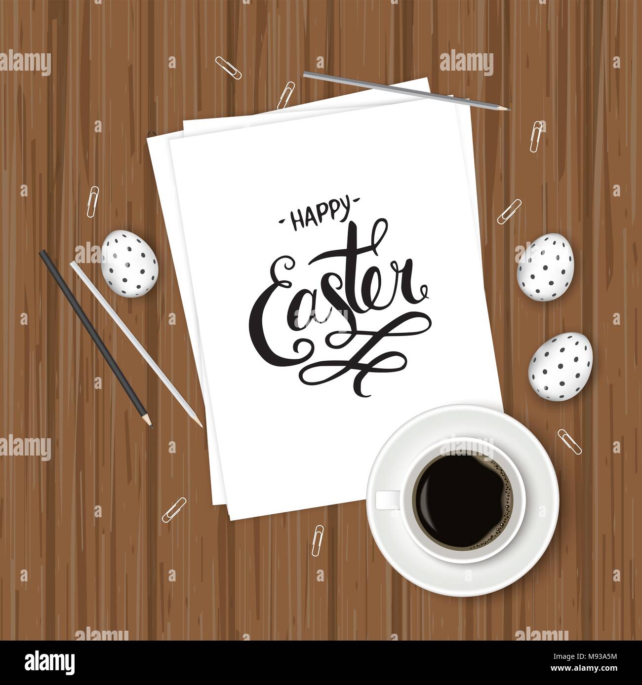 The top view of easter on wooden table office workplace Stock Vector