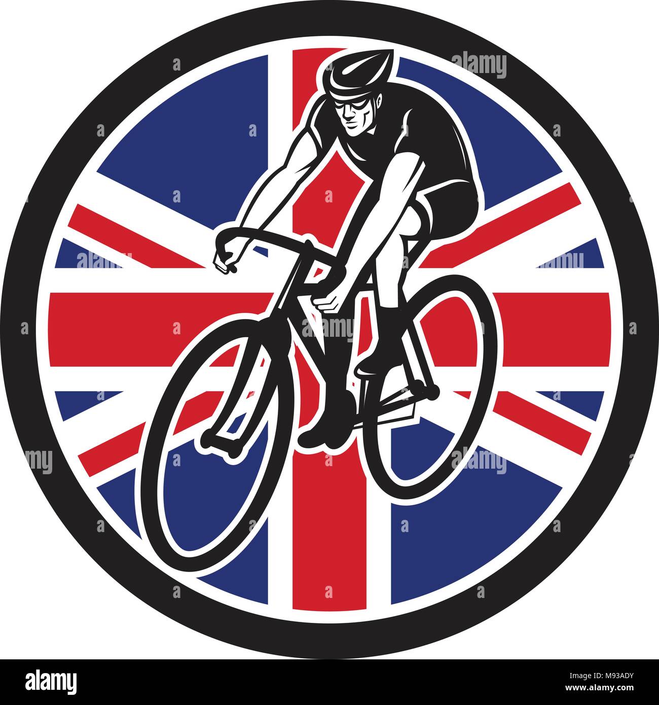 Icon retro style illustration of a British cyclist cycling riding road bike with United Kingdom UK, Great Britain Union Jack flag set inside circle on Stock Vector