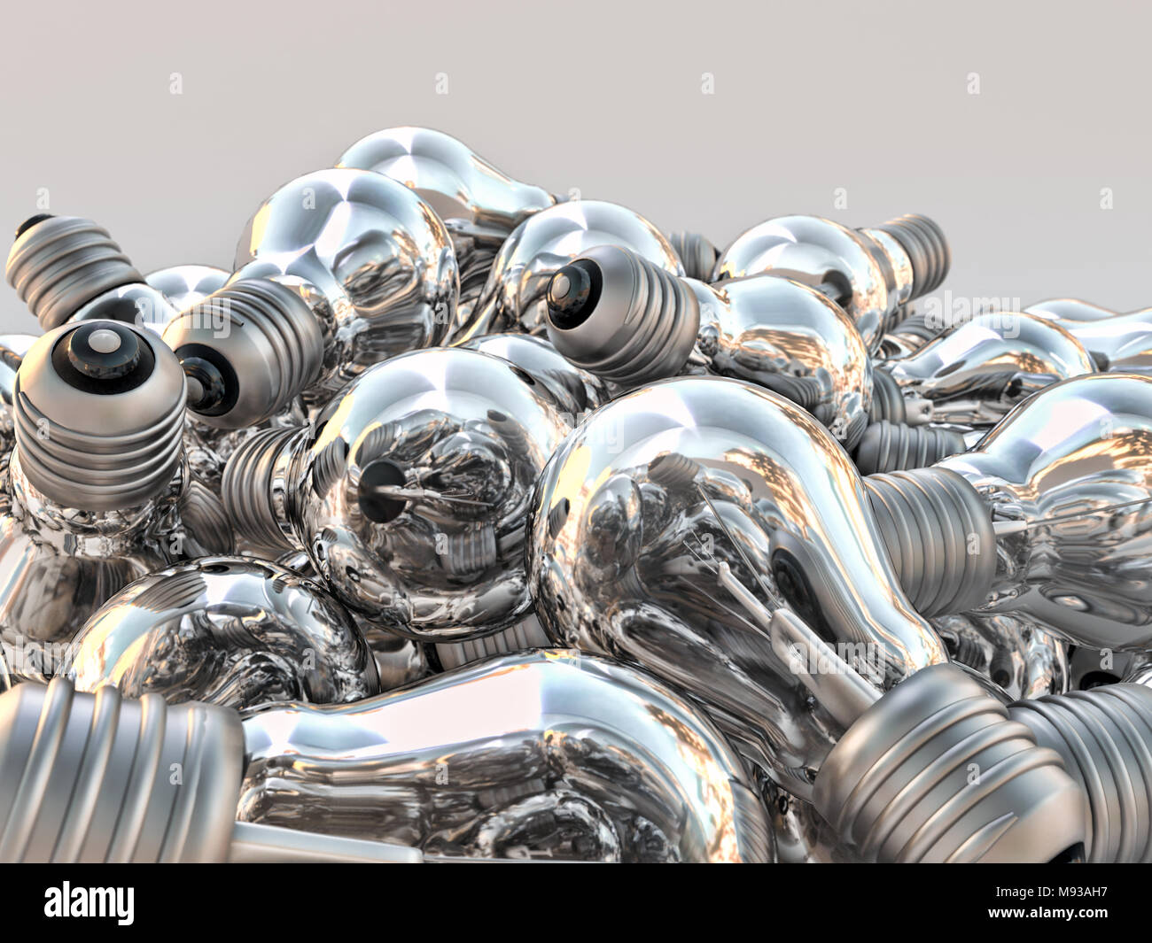 3D rendering of background of many incandescent light bulbs Stock Photo