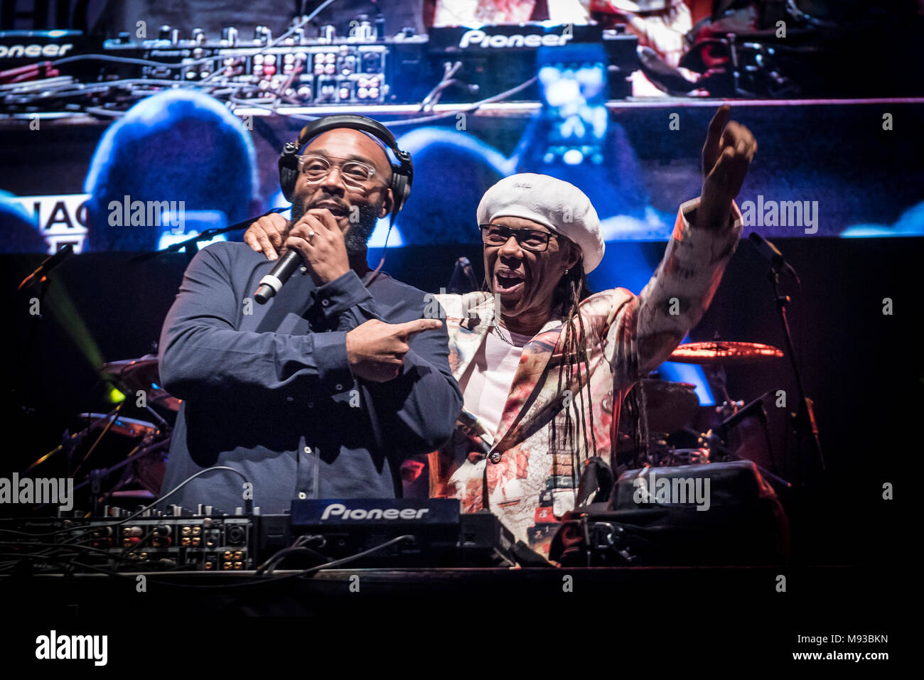 Nile Rodgers (right) joins Mistajam on stage at the Royal Albert Hall, London, during the third night of the Teenage Cancer Trust's annual concert series. Picture date: Wednesday 21st March 2018. Photo credit should read: PA /PA Wire /PAImages Stock Photo