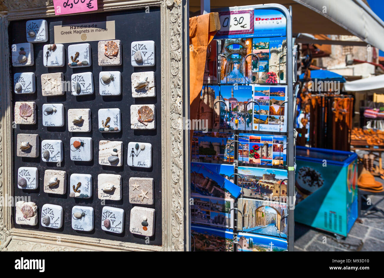 Sale of souvenirs in the street in old town Rhodes, Greece, August 11