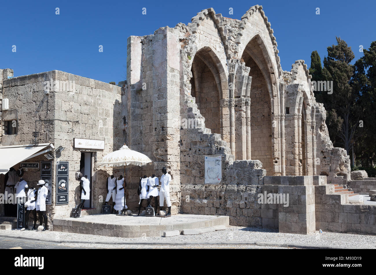 View from the street on Church of the Virgin of the Burgh in the Rhodes Old City, Greece, August 11, 2017 Stock Photo