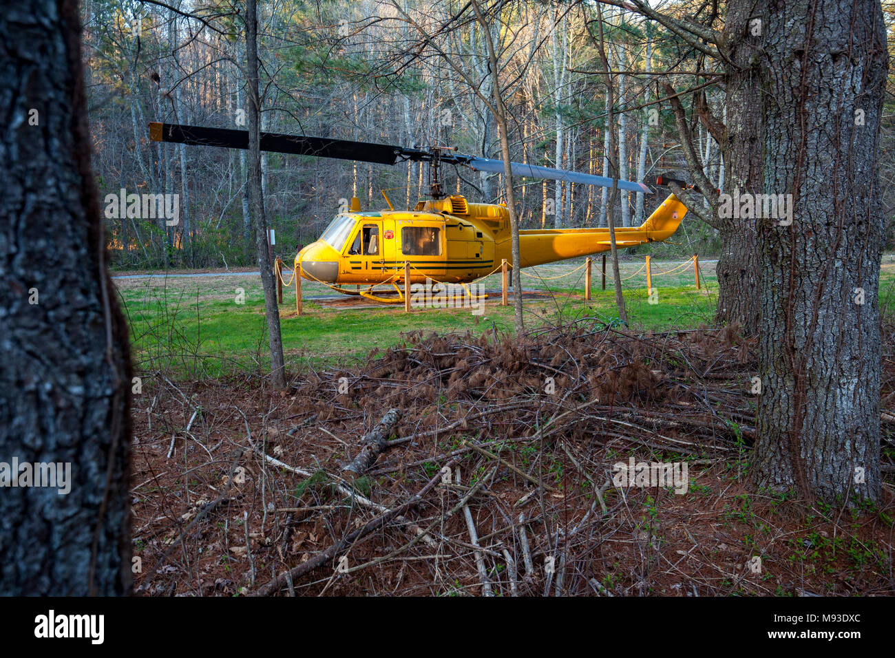 Yellow Forest Service Helicopter at Holmes Educational State Forest - Hendersonville, North Carolina, USA Stock Photo