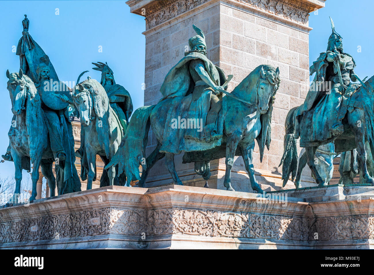 Four chieftains of the magyars statues in Heroes' Square in Budapest on horses standing around