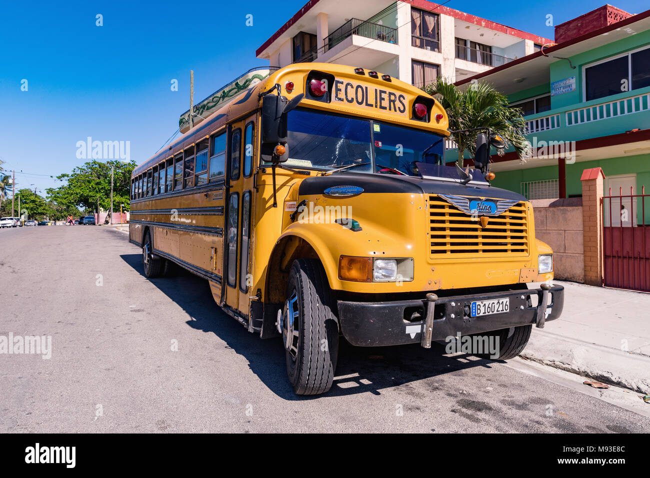 VARADERO, CUBA - MARCH 04, 2018: American school bus in Varadero. Old american school bus on the street. Cuba. Stock Photo