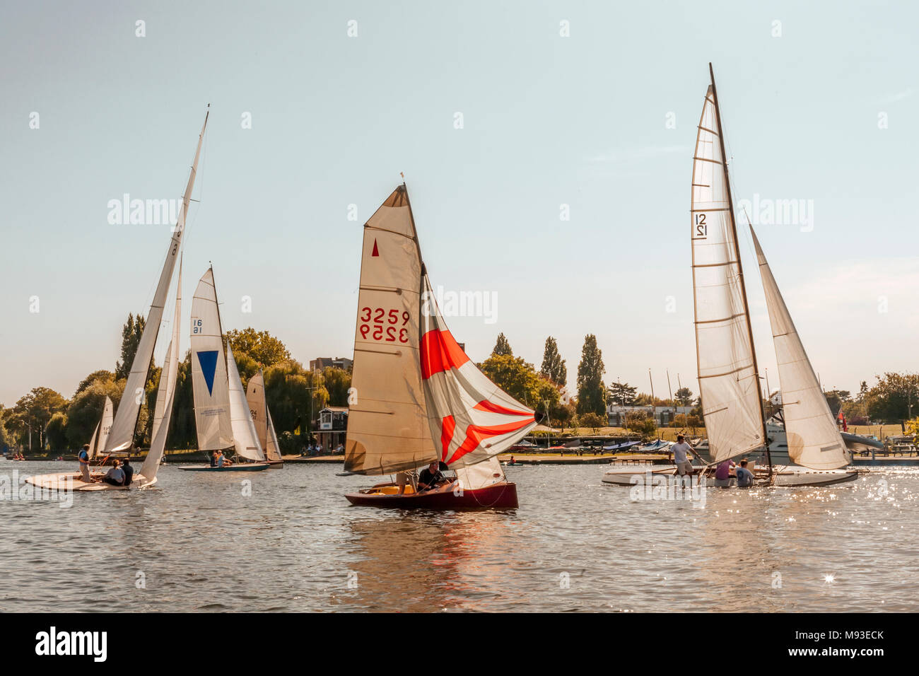 Yachts on the river thames on a bright sunny afternoon reflecting in the water sailing and leaning in summer breeze with riverbank landscape and trees Stock Photo