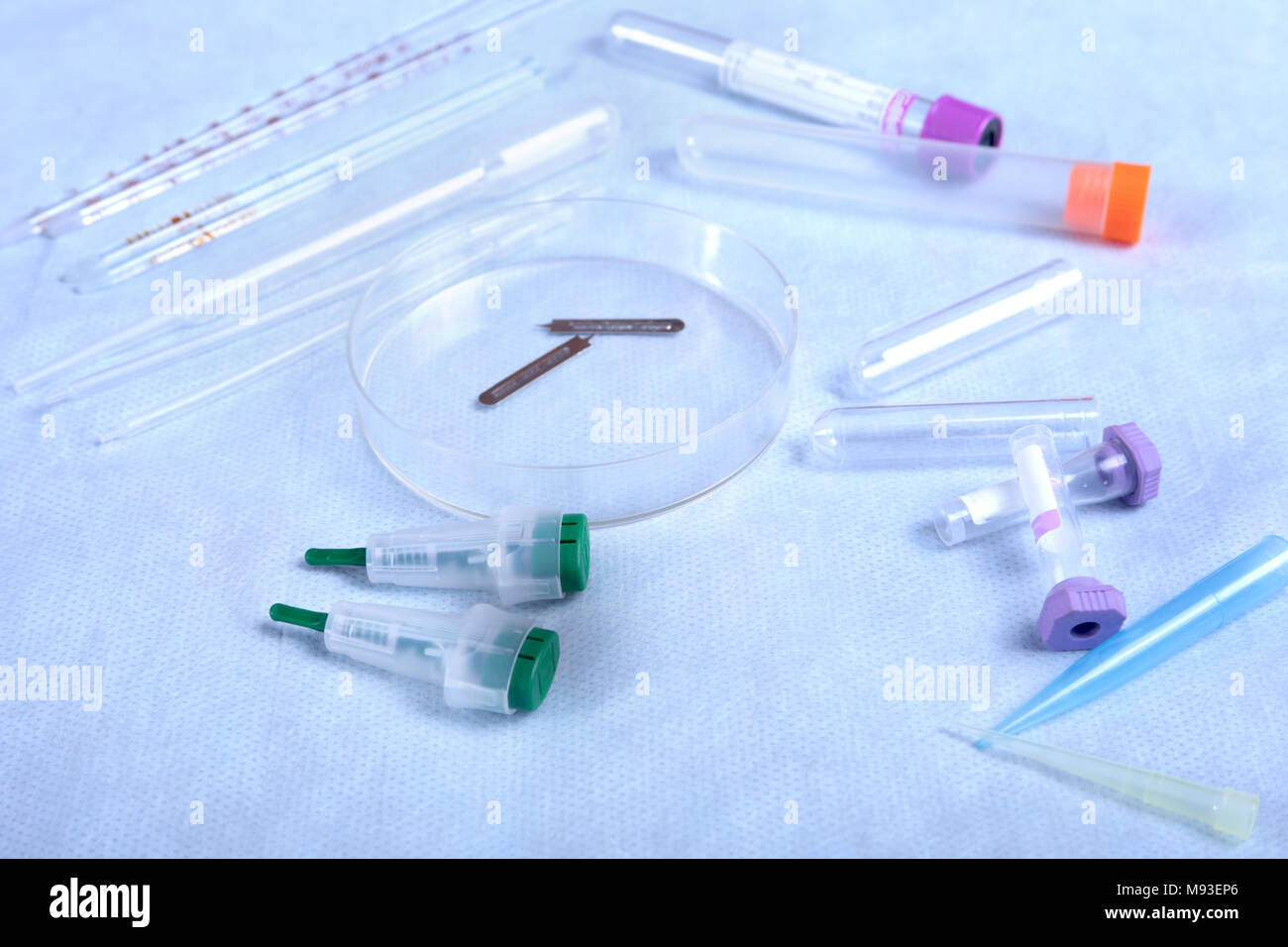 Set of laboratory supplies for blood test. Petri dish