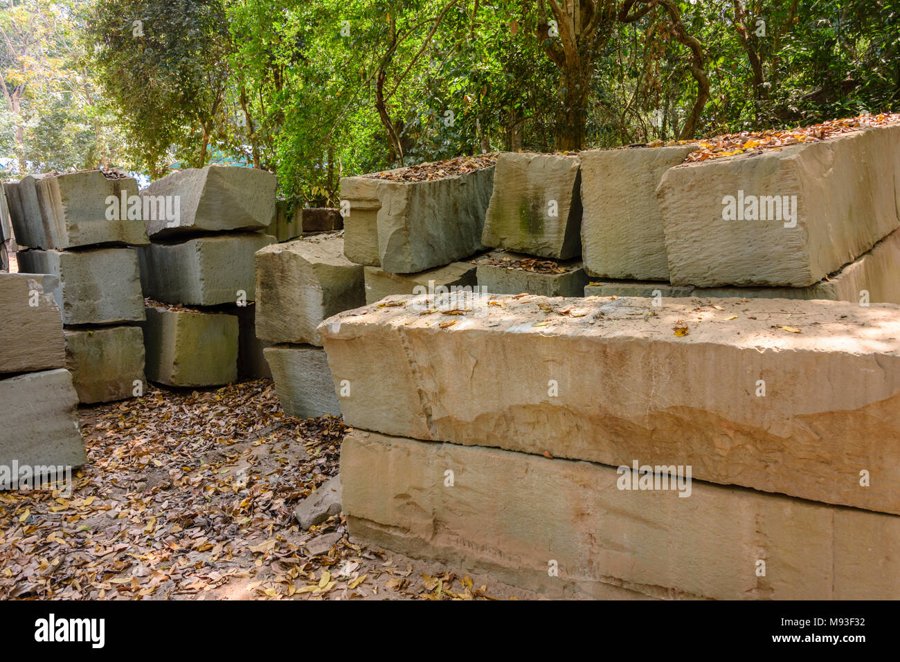Large stone blocks at a quarry, ready for stonemasons to work on Stock