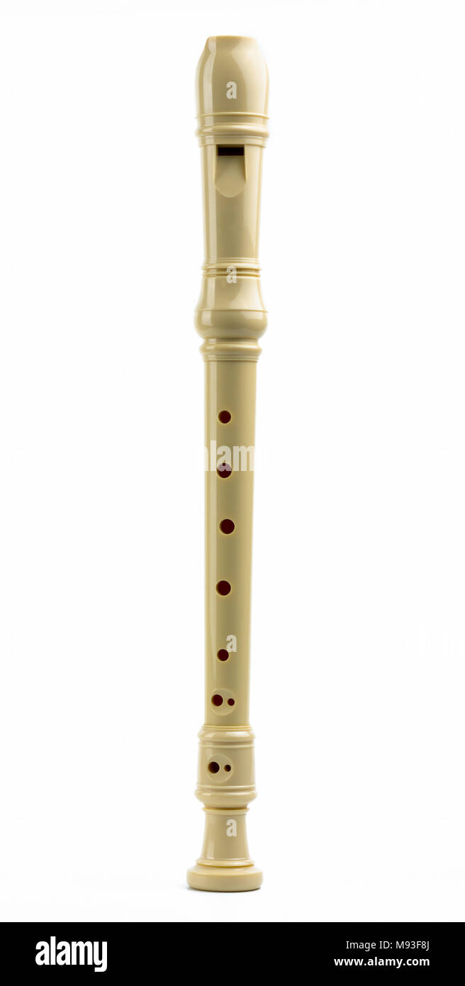 Soprano (Descant) recorder. Plastic recorder flute isolated on white background with copy space for text. Classical Baroque music instruments. Educati Stock Photo