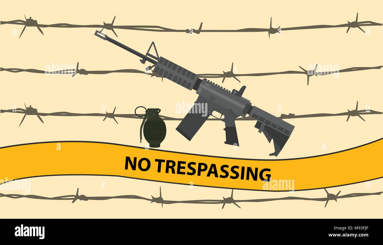 no trespassing restricted area with riffle gun bomb grenade and barbed wire Stock Vector