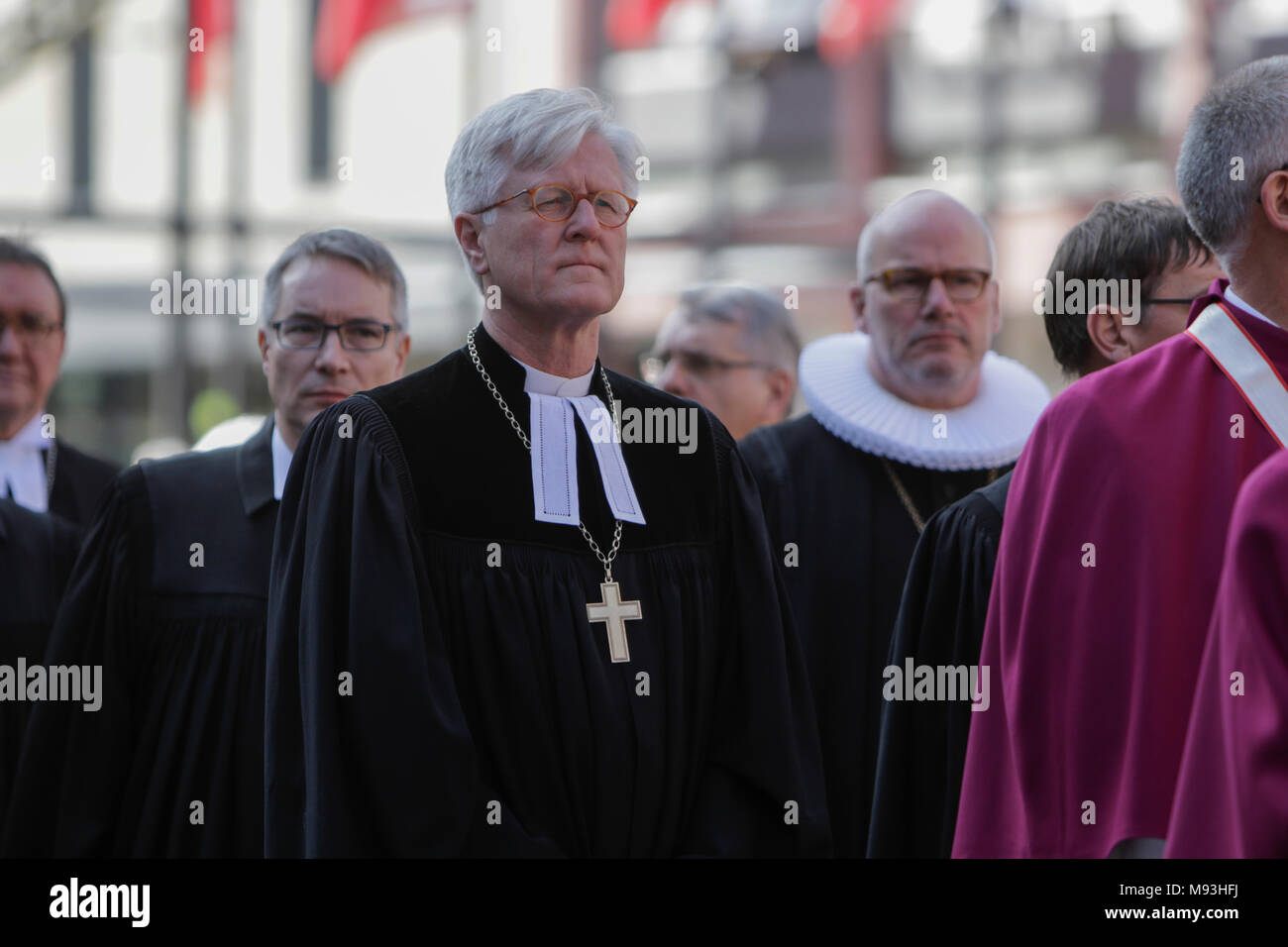 A group of Evangelical pastors and bishops walk in the funeral procession of Cardinal Karl Lehmann. Among them is the Bishop of the Evangelical Lutheran Church in Bavaria and Chairman of the Council of the EKD Heinrich Bedford-Strohm (centre). The funeral of Cardinal Karl Lehmann was held in the Mainz Cathedral, following a funeral procession from the Augustiner church were he was lying in repose. German President Frank-Walter Steinmeier attended the funeral as representative of the German state. Cardinal Karl Lehmann was the bishop of the Roman Catholic Diocese of Mainz for 33 years until his Stock Photo