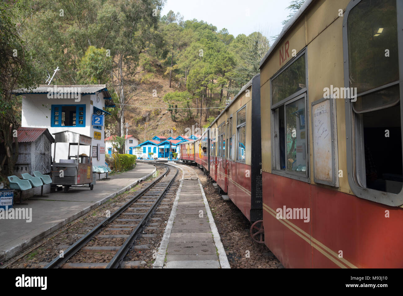 Most famous toy train from Kalka to Shimla toy train enroute with scenic beauty of mountains in Himachal Pradesh, India, Asia Stock Photo