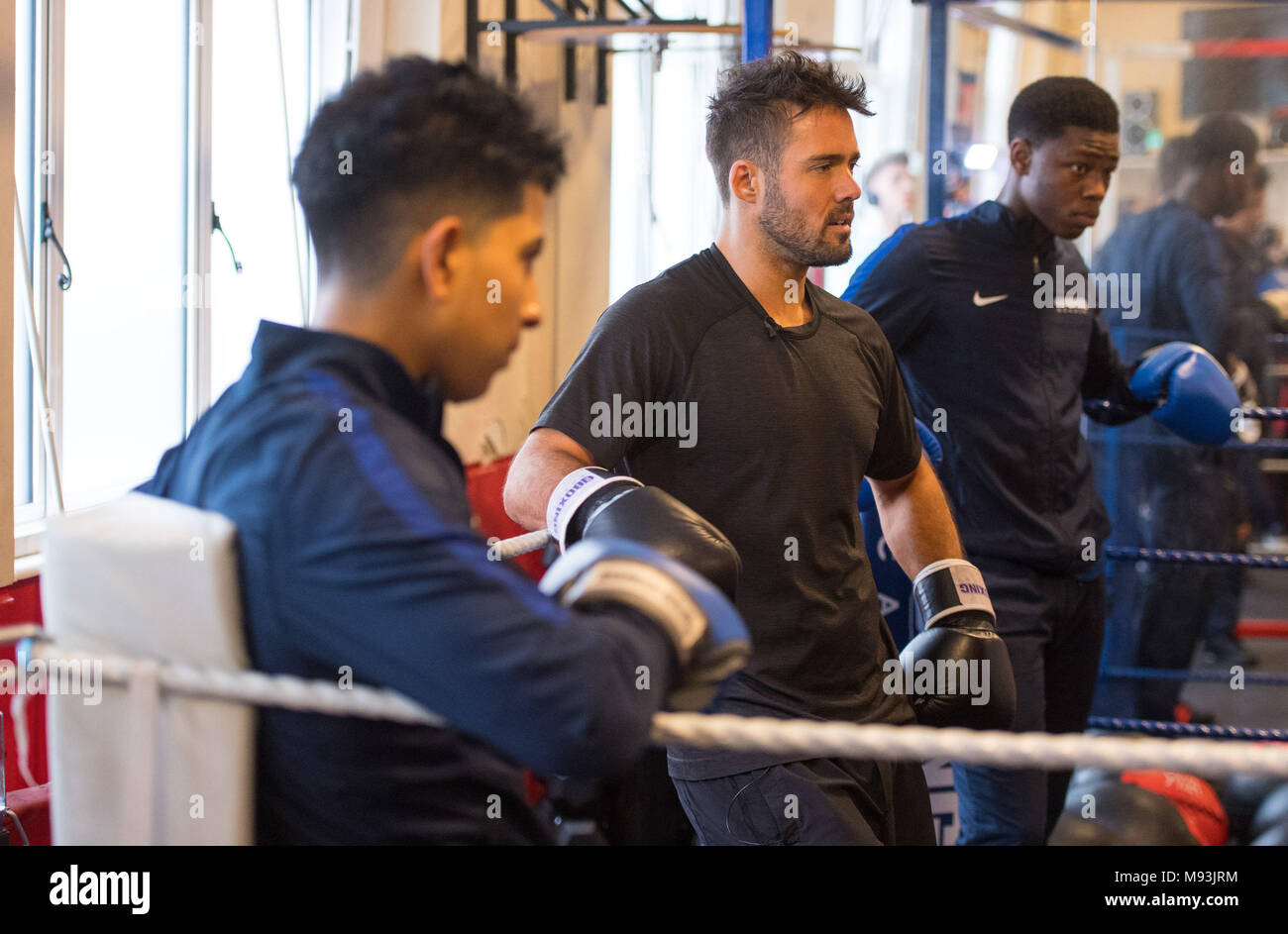 Previously unissued photo dated 13/03/18 of Spencer Matthews during a visit to the Boxing Academy, a Comic Relief funded sport project in Hackney, London, ahead of Sport Relief boxing challenge. Stock Photo