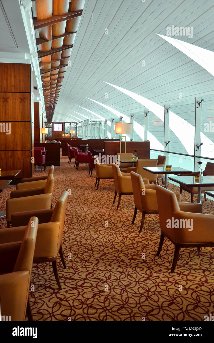 Dubai Airport, UAE - September 22, 2017: Luxury waiting areas in Bistro of Emirates Business Class Lounge Stock Photo