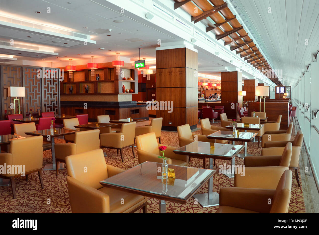 Dubai Airport, UAE - September 22, 2017: Luxury waiting areas in Bistro of Emirates Business Class Lounge Stock Photo