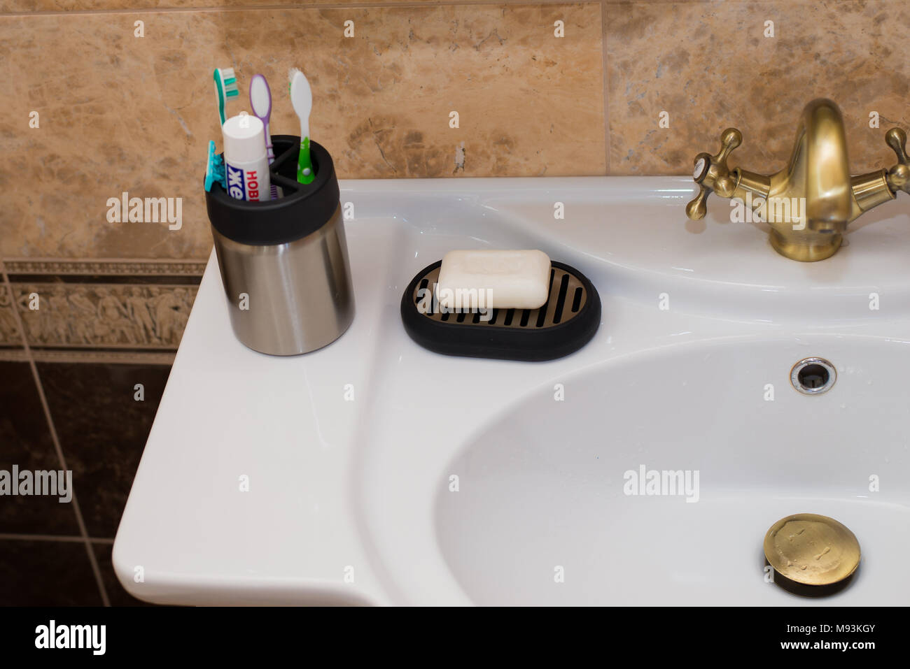 Soap white soap dish black bathroom interior stylish Stock Photo - Alamy