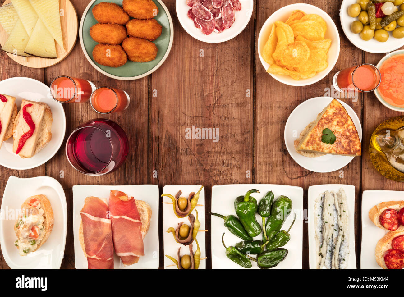 The food of Spain. An overhead photo of many different Spanish tapas