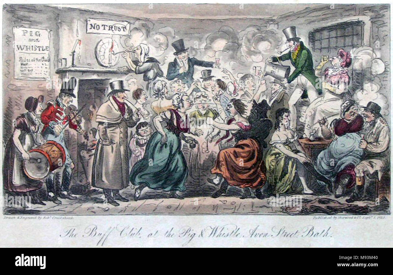 THE BUFF CLUB at the Pig and Whistle, Avon Street,Bath. An 1825 aquatint by Isaac Cruikshank from Blackmantle's The English Spy Stock Photo