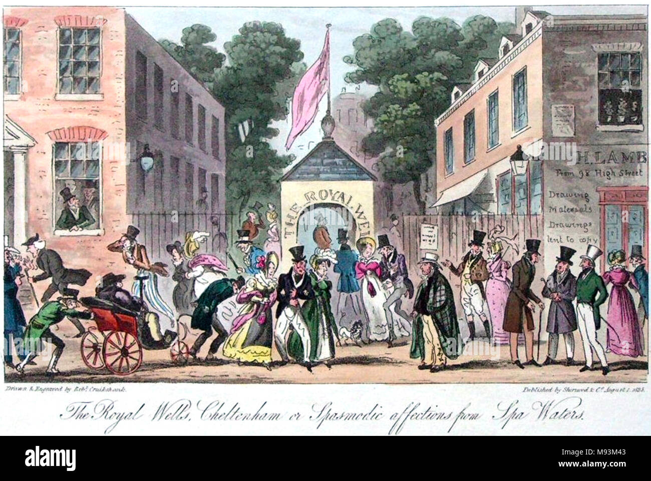 THE ROYAL WELLS spa at Cheltenham. An 1825 acquatint by Isaac Cruikshank from Blackmantle's The English Spy Stock Photo