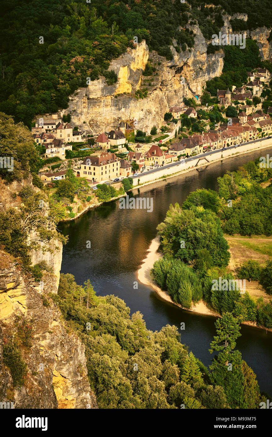 A view of La Roque Gageac and limestone rocks on the river Dordogne in
