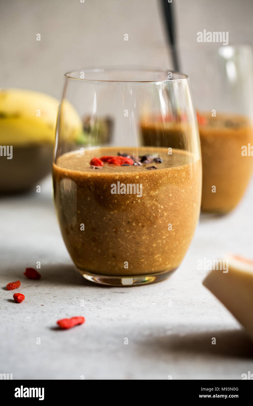 Banana,Flax meal,Goji and Coconut Coffee Smoothie with Cocoa nibs and
