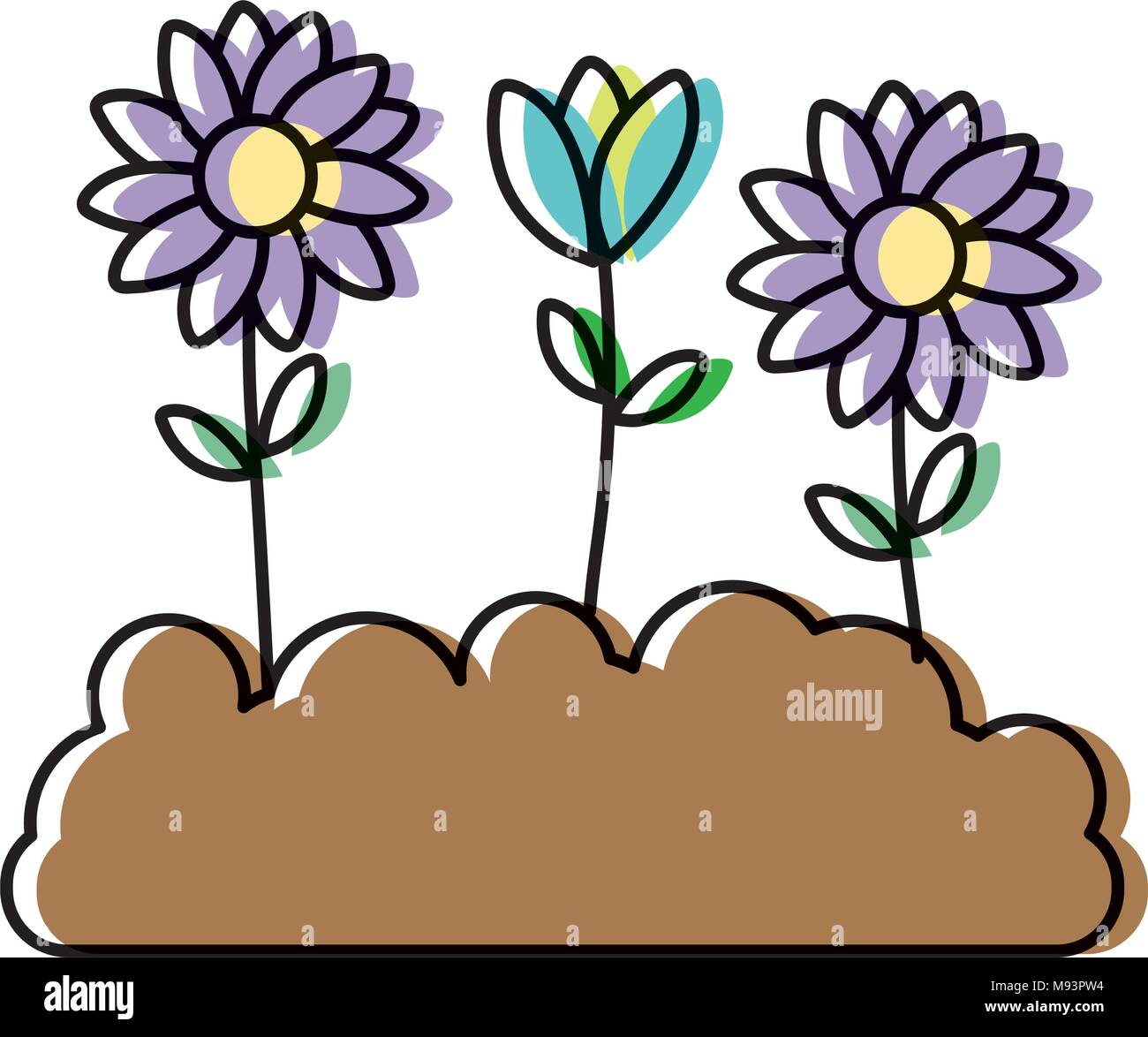 moved color beautiful flowers with petals and leaves inside ground ...