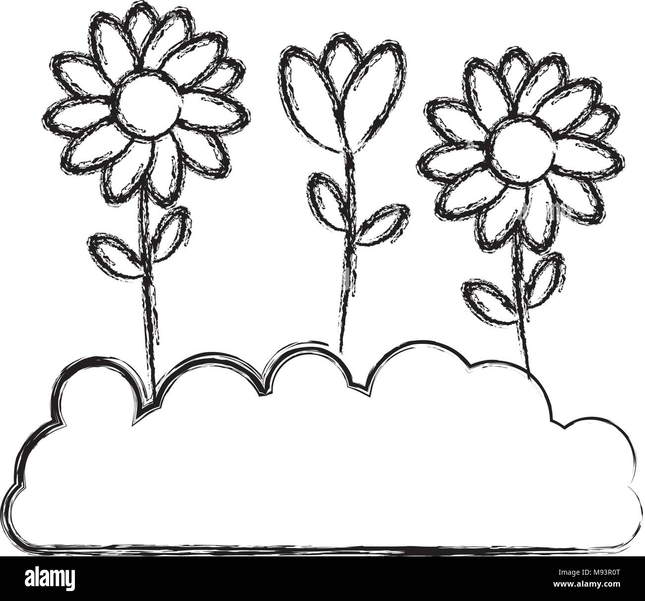 grunge beautiful flowers with petals and leaves inside ground Stock